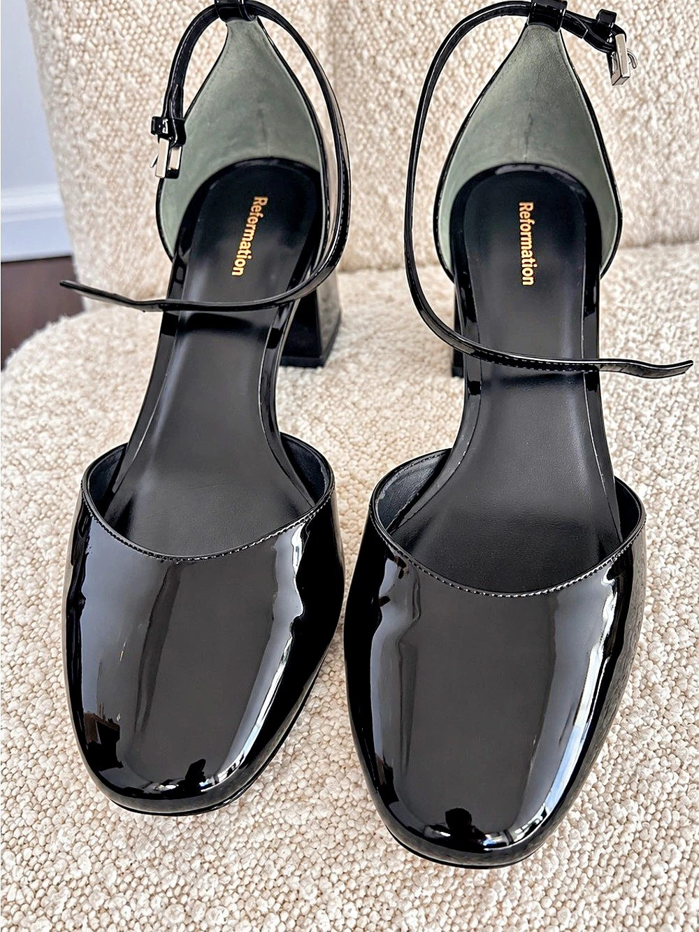 Reformation Laurie Pump Black Patent Ankle Strap Block Heels - Picture 2 of 4